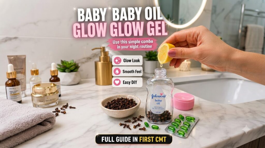 A flat lay showing an open bottle of Johnson s baby oil with a hand squeezing a lemon into it The bottle also contains c
