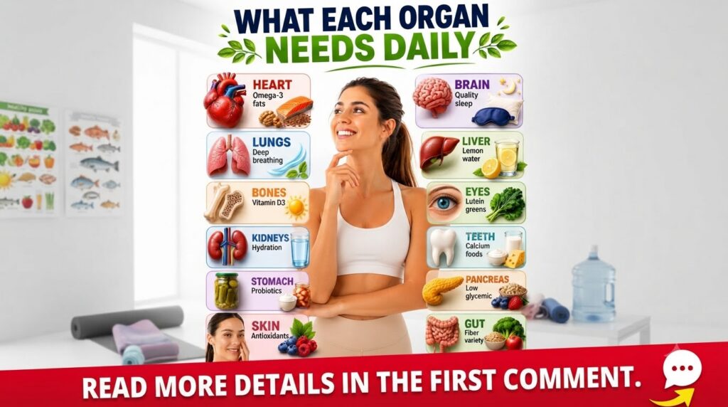 An infographic showing a smiling woman surrounded by human organs each with corresponding natural food and lifestyle rec