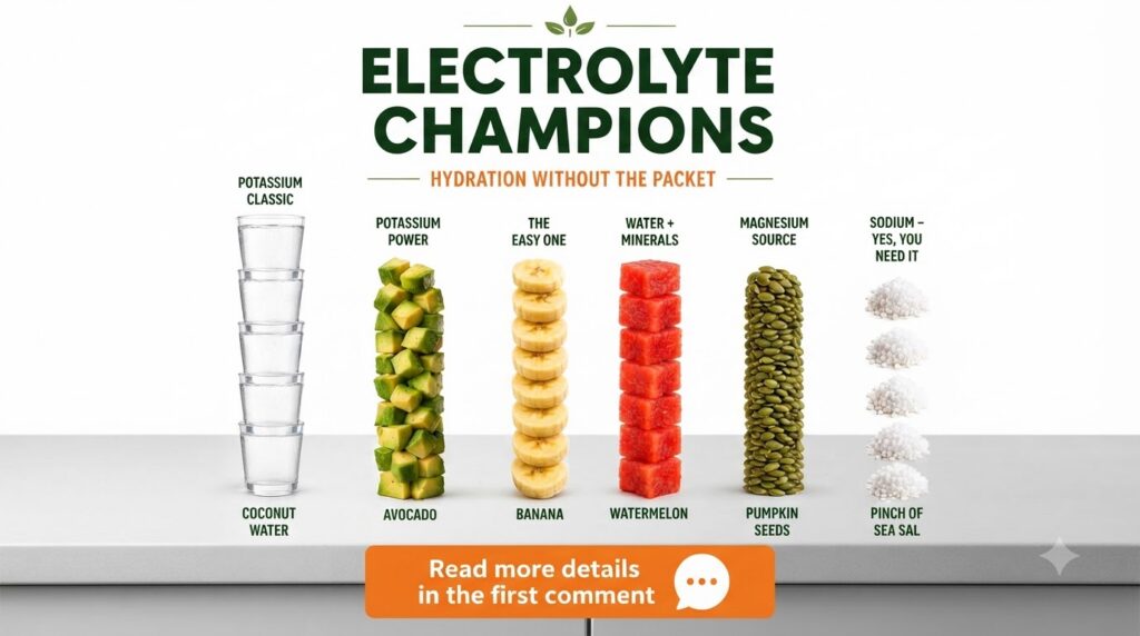 Infographic titled ELECTROLYTE CHAMPIONS HYDRATION WITHOUT THE PACKET showing six natural sources of electrolytes coconu