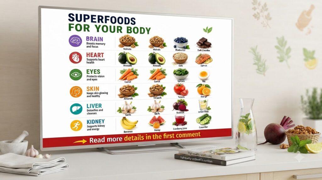 An informative infographic titled SUPERFOODS FOR YOUR BODY presenting a grid of various superfoods alongside the body pa