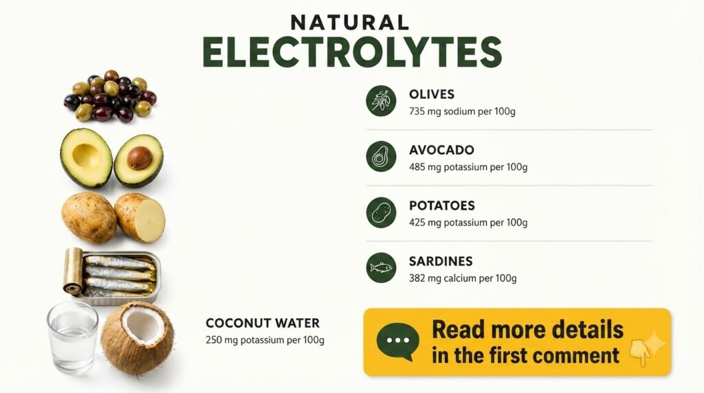 Infographic titled NATURAL ELECTROLYTES showcasing olives avocado potatoes sardines and coconut water with their electro