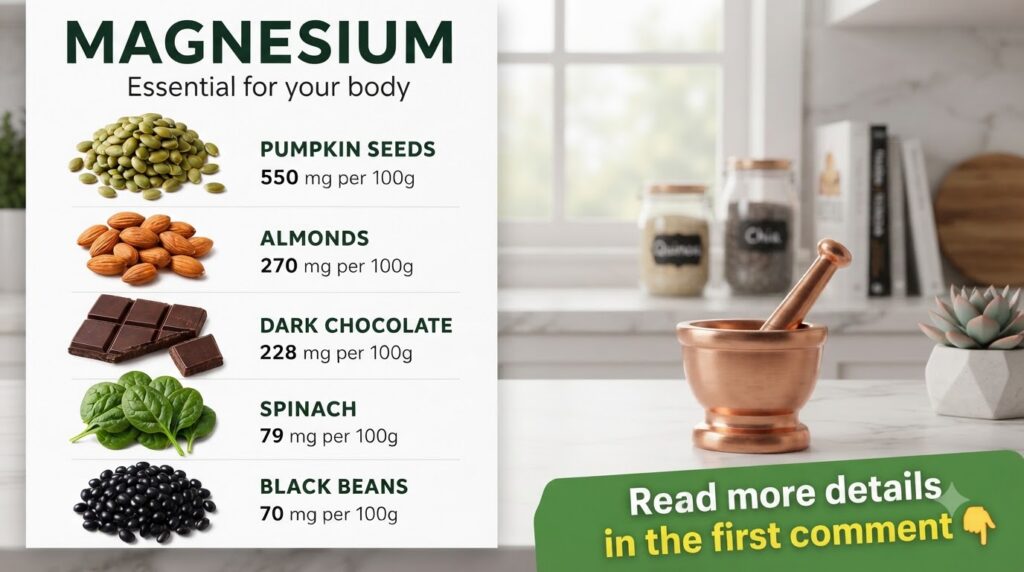 Infographic showing five magnesium-rich foods pumpkin seeds almonds dark chocolate spinach and black beans with their ma