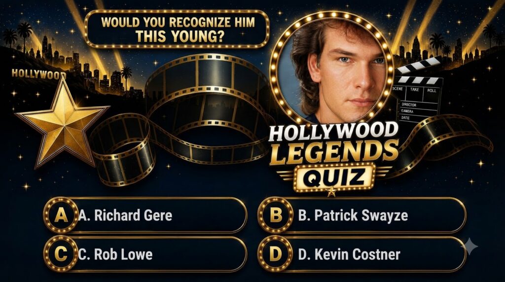 A Hollywood Legends Quiz with a youthful portrait of an actor in a circular frame with marquee lights Background feature