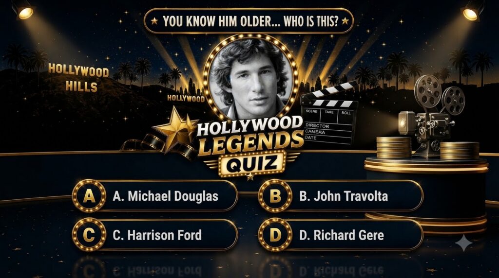 A Hollywood Legends Quiz graphic featuring a black and white portrait of a young Richard Gere surrounded by glowing ligh