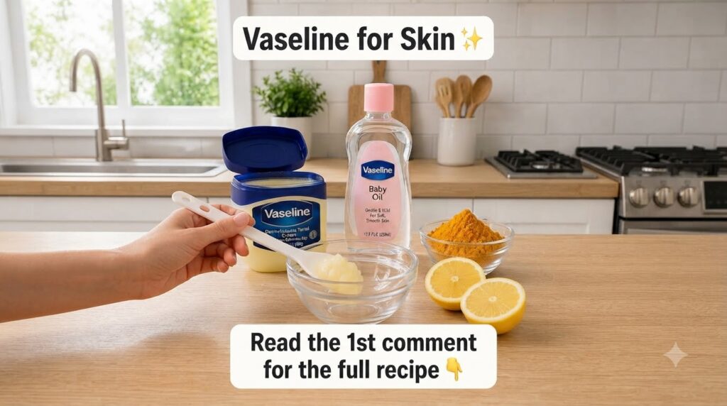 Hands mixing Vaseline lemon and turmeric in a small glass bowl on a kitchen counter