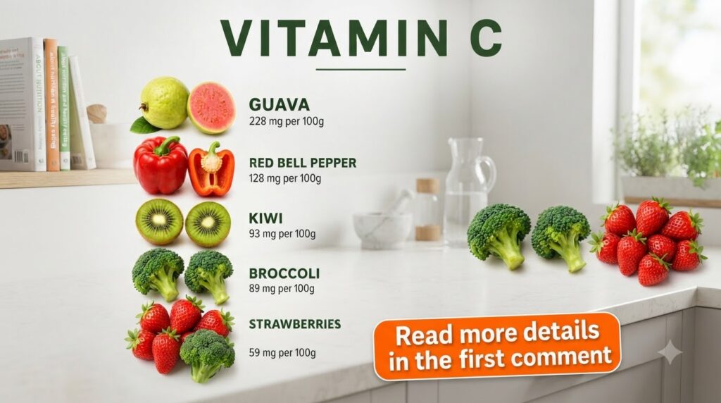 An infographic showing five Vitamin C rich foods guava red bell pepper kiwi broccoli and strawberries each with a photo