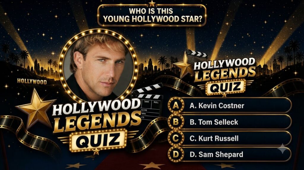 A vertical Hollywood Legends Quiz poster featuring a younger Kevin Costner framed by a circular lighted marquee The back