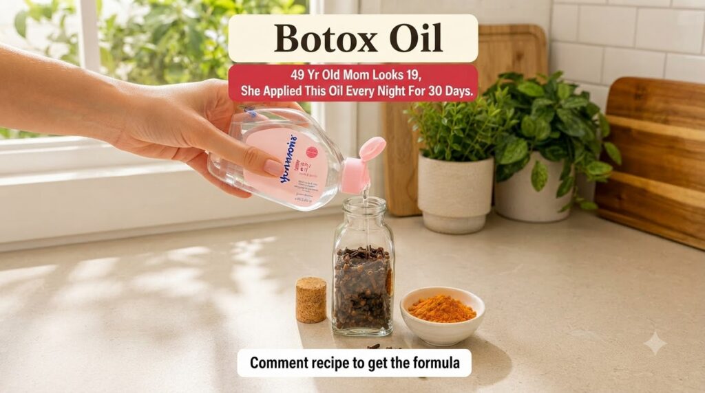 A hand pouring clear baby oil from a bottle into a glass jar filled with cloves with a small bowl of turmeric powder nea