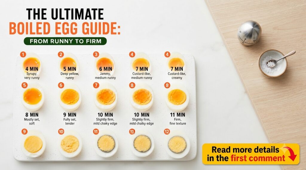 An infographic grid showing 12 cross-sections of eggs each with a different yolk consistency based on cooking time from