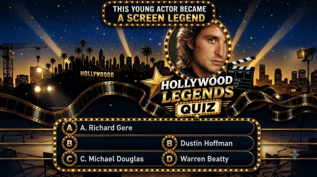 A vintage-style quiz poster featuring a headshot of a man with wavy blonde hair framed by glowing marquee lights The tit