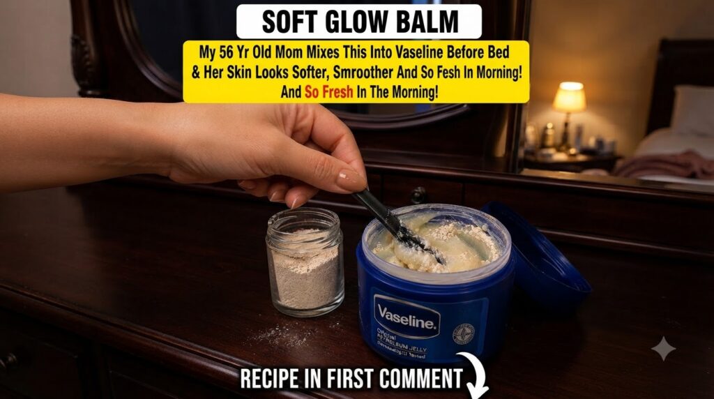 A hand mixing white rice powder into a jar of Vaseline with a small spatula on a dark wooden surface A small glass jar o