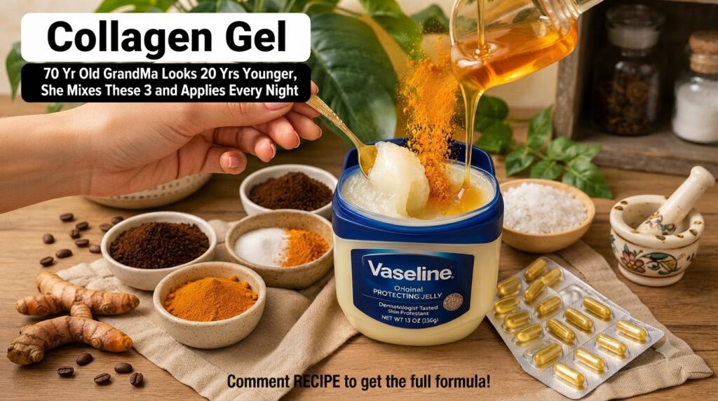 A close-up of a hand mixing Vaseline turmeric powder and other ingredients in a bowl with small ingredient bowls in the