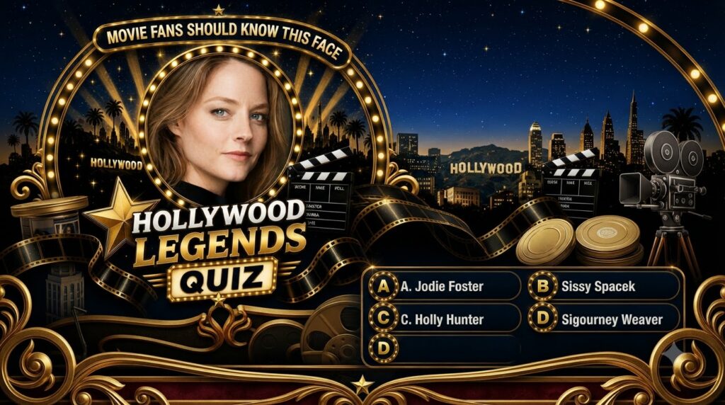A quiz poster featuring a portrait of Jodie Foster framed by a golden glowing circle The background is a starry night sk