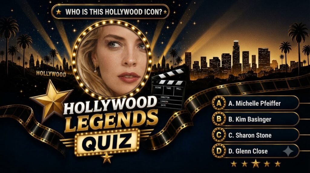 A Hollywood Legends Quiz graphic featuring a close-up portrait of a blonde woman Michelle Pfeiffer in a circular marquee