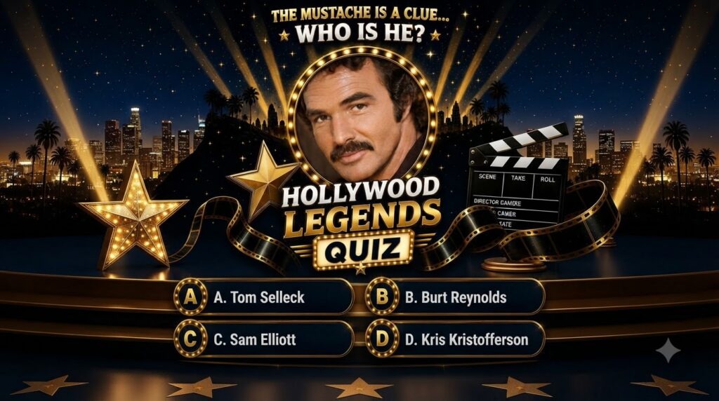 A Hollywood Legends Quiz interface featuring a circular portrait of Burt Reynolds framed by marquee lights set against a
