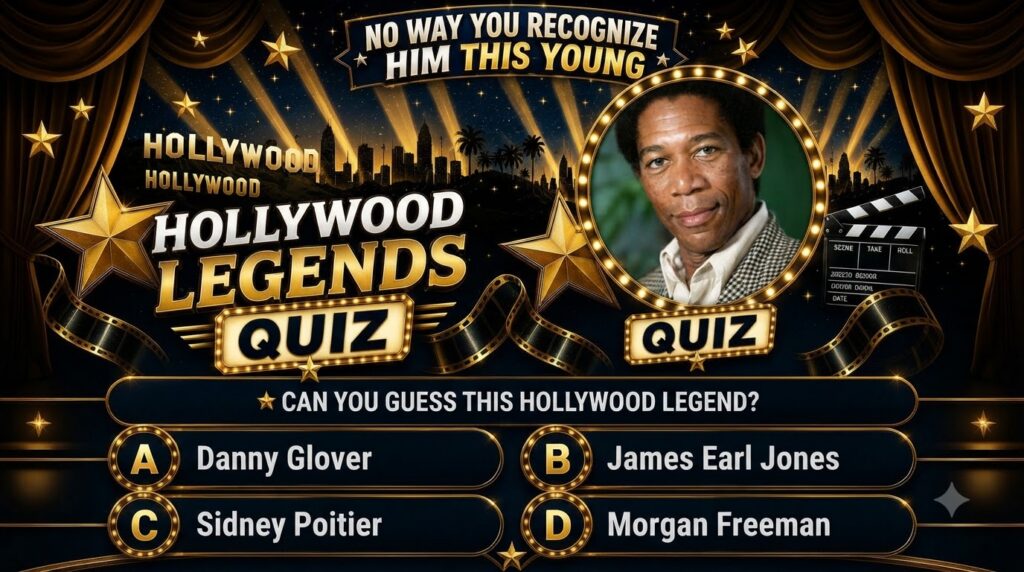 A vibrant golden-themed quiz poster featuring a younger portrait of Morgan Freeman at its center with a starry night sky