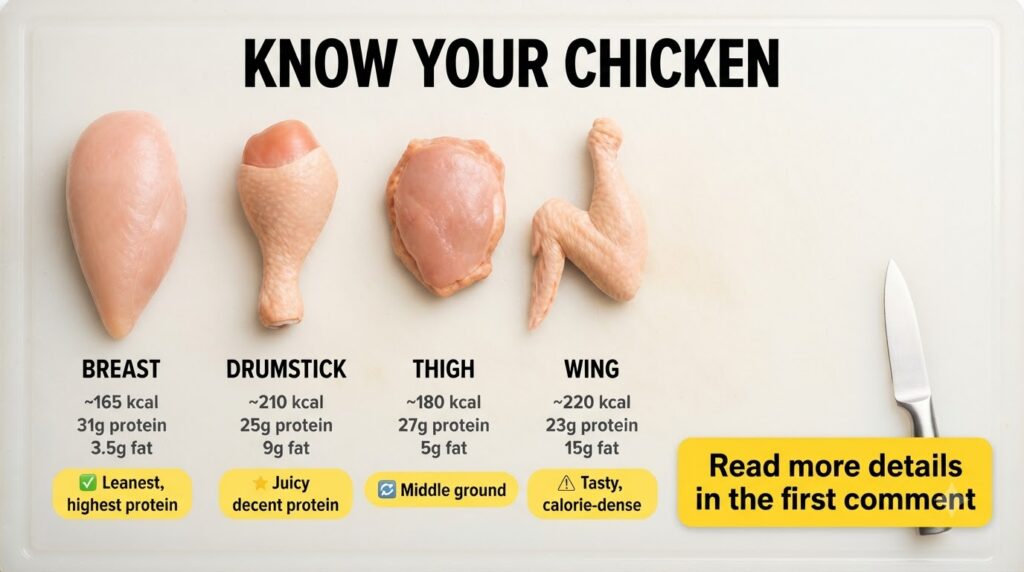 A variety of cooked chicken cuts such as breast thigh and drumstick arranged appealingly on a platter or cutting board p