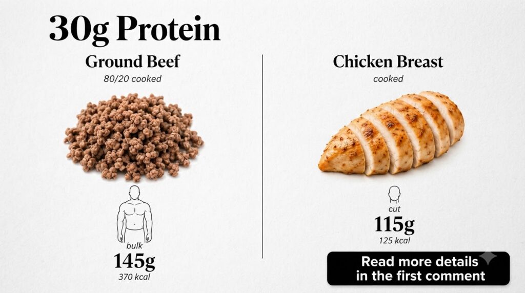 Infographic comparing ground beef 80 20 cooked and chicken breast cooked for 30g protein showing quantities calories and