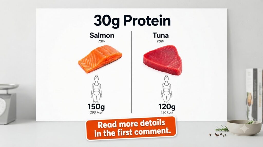 Infographic comparing raw salmon and raw tuna for 30g protein Salmon shows 150g and 290kcal associated with bulk Tuna sh