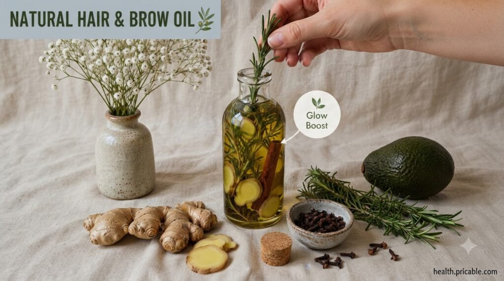 A flat lay of natural ingredients for hair oil including rosemary ginger cinnamon sticks and cloves with a hand placing 
