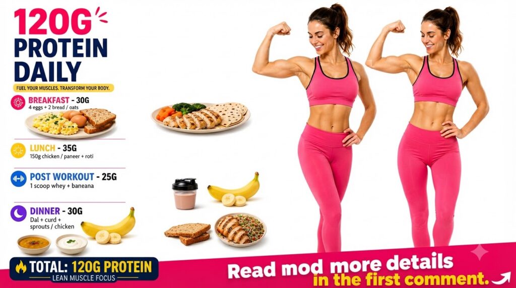 A fit woman flexing her bicep alongside an infographic detailing a 120G PROTEIN DAILY meal plan