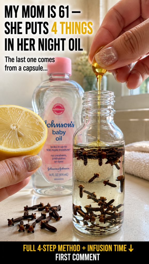 Ingredients for DIY night oil Johnson s baby oil whole cloves fresh lemon and Vitamin E capsules with hands preparing th