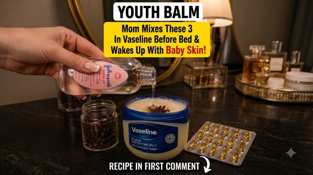 A close-up of a hand pouring Johnson s baby oil into a tub of Vaseline alongside whole cloves and golden vitamin E oil c