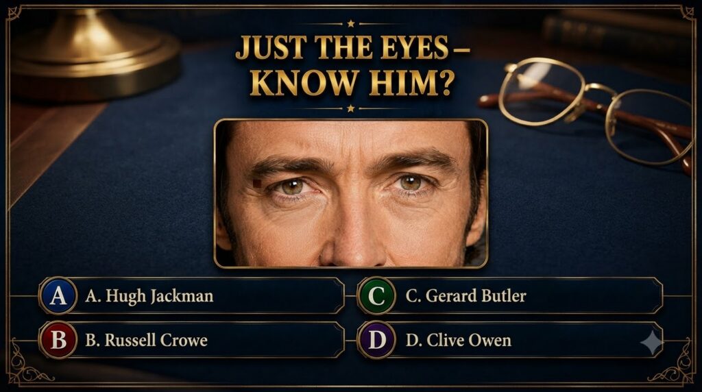 A close-up of Hugh Jackman s intense eyes and forehead as seen in a trivia quiz poster with the question JUST THE EYES -