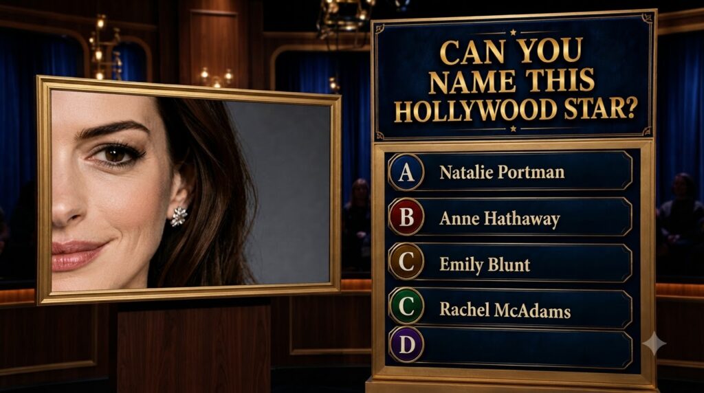 A dark blue and gold quiz poster featuring a close-up portrait of a woman s right eye and a slight smile against a dark 