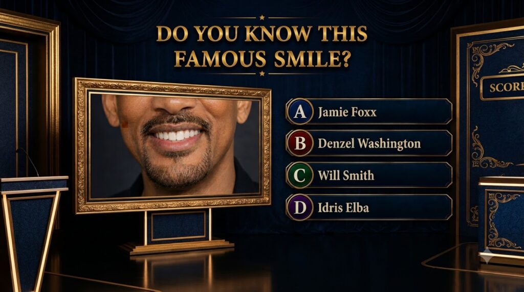 A quiz question asking DO YOU KNOW THIS FAMOUS SMILE with a close-up of a man s lower face featuring a prominent bright 