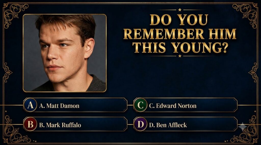 A quiz poster with a close-up portrait of a young Matt Damon framed by ornate golden borders and quiz text