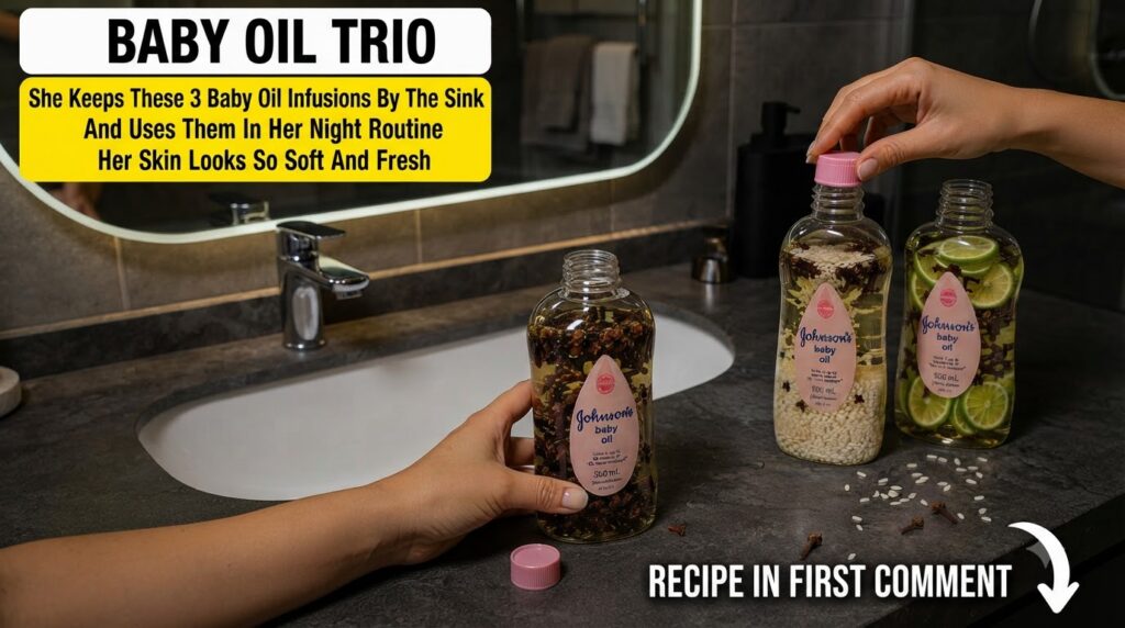 Three clear glass bottles of Johnson s baby oil each infused with different natural ingredients one with dark cloves one