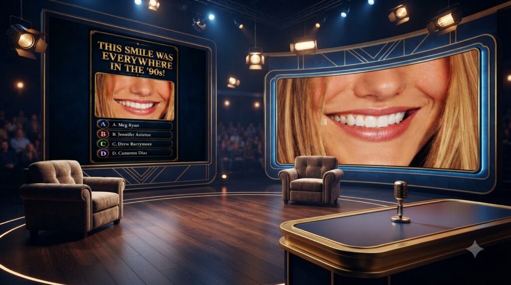 Close-up of a smiling woman s lower face with blonde hair framed by golden borders asking to identify the smile of a 90s