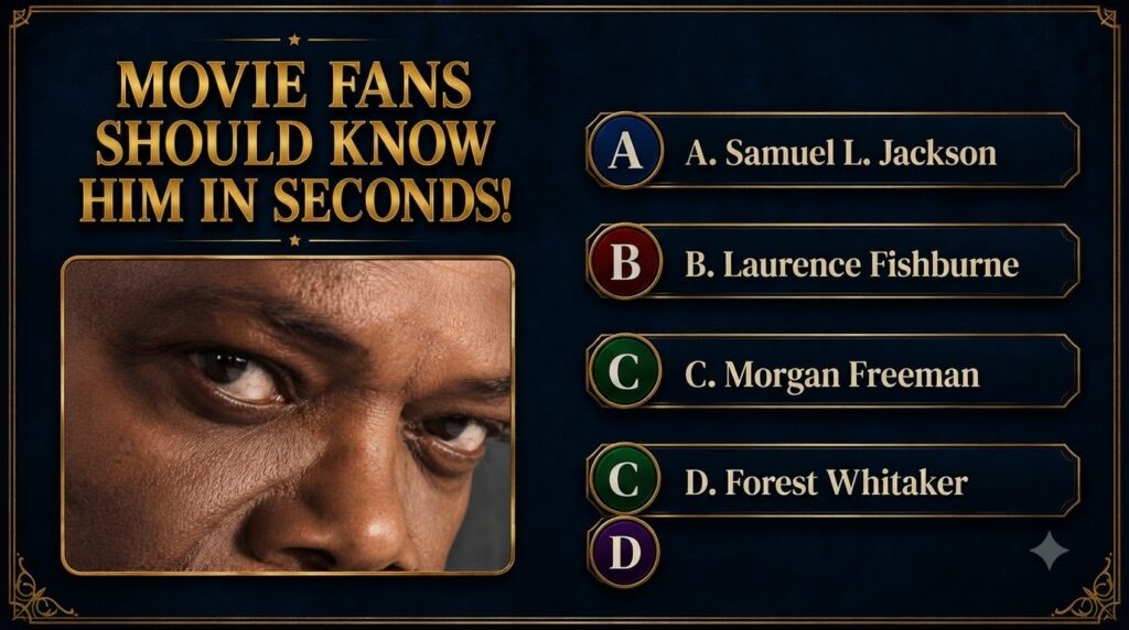 A close-up crop of a famous actor s eyes and nose for a quiz The background is a dark blue with ornate golden borders an