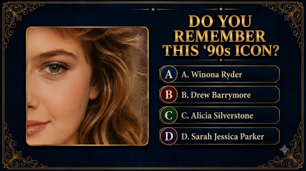 A 90s-themed quiz card featuring a close-up of a woman s left eye cheek and wavy light brown hair on a dark blue backgro