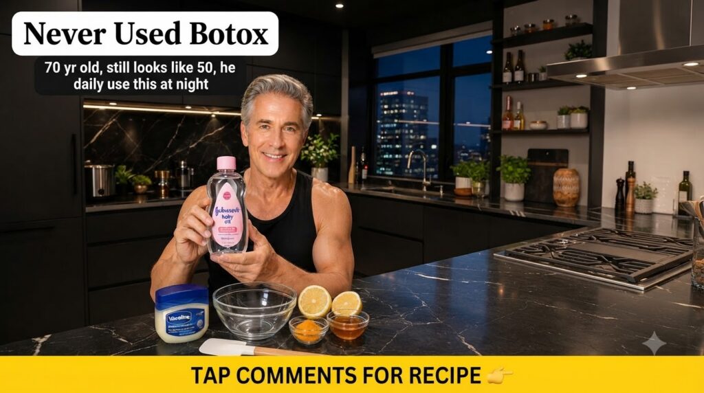 A smiling well-groomed 70-year-old man in a black tank top holding a bottle of Johnson s Baby Oil In front of him on a d
