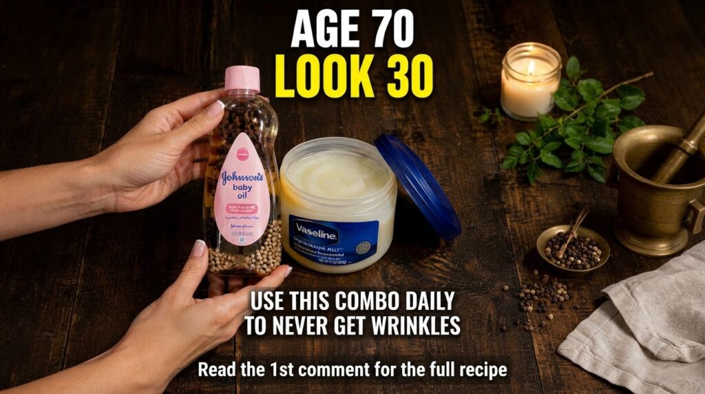 Hands holding a bottle of Johnson s baby oil infused with peppercorns and seeds next to an open jar of Vaseline Original