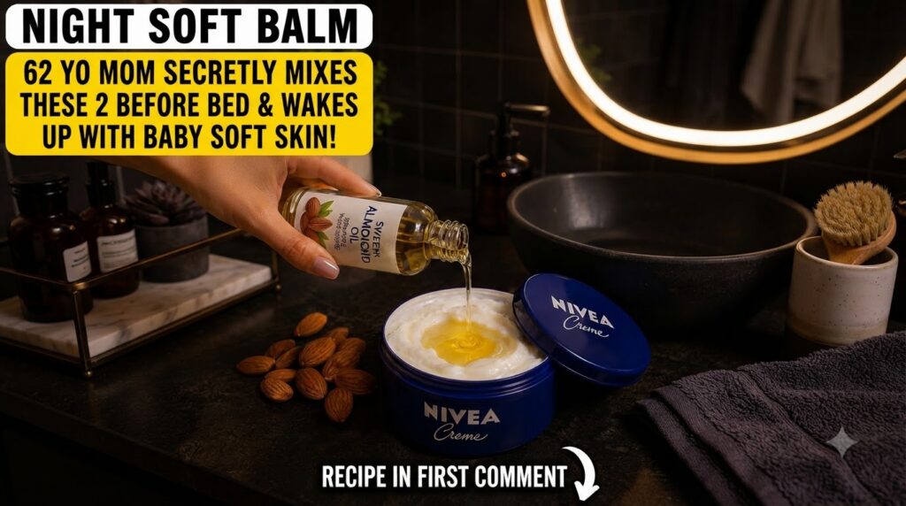 A hand pouring almond oil from a clear bottle into a blue jar of Nivea Creme with whole almonds on a dark surface