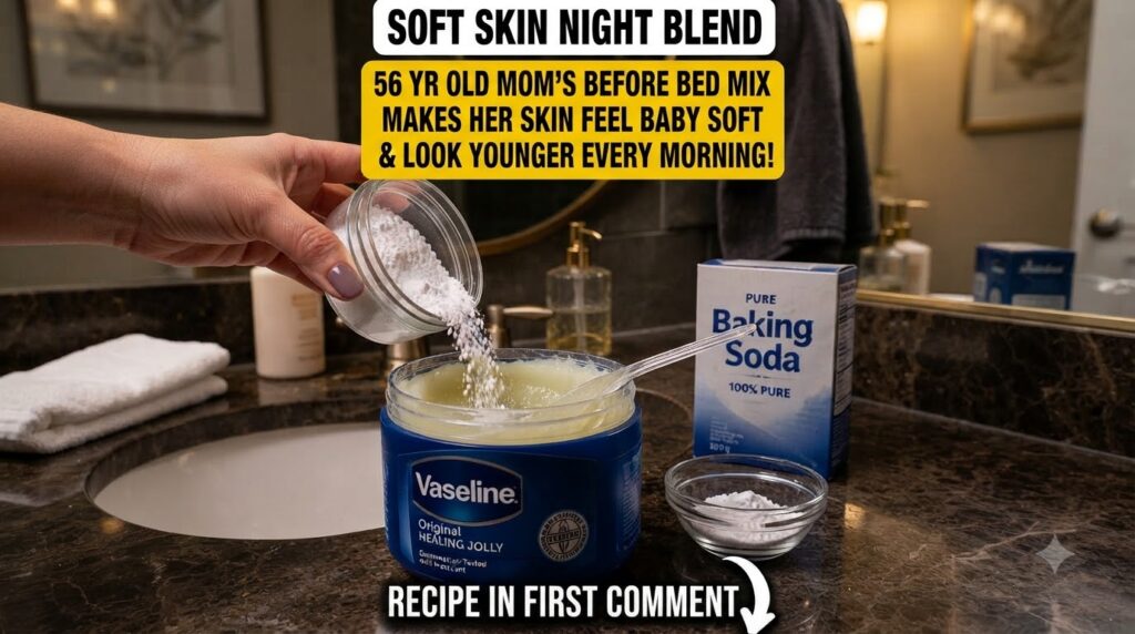 A hand pouring white baking soda powder from a small glass jar into a large blue tub of Vaseline petroleum jelly with a 
