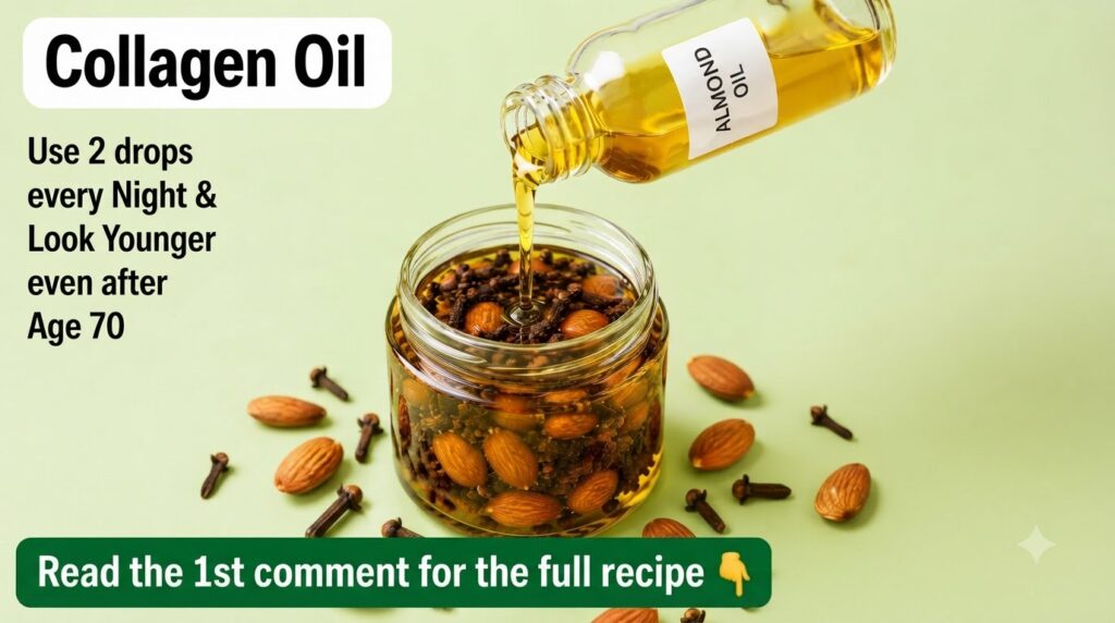 A glass jar filled with almonds and cloves partially submerged in oil with an Almond Oil bottle actively pouring more oi