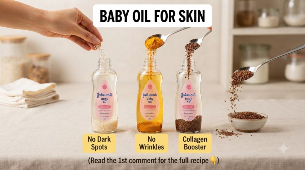 Three glass bottles of Johnson s baby oil each being infused with a different natural ingredient rice grains turmeric po