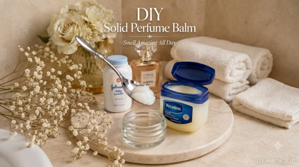 A flat lay of ingredients for DIY solid perfume balm including a spoon with petroleum jelly over an empty glass jar an o