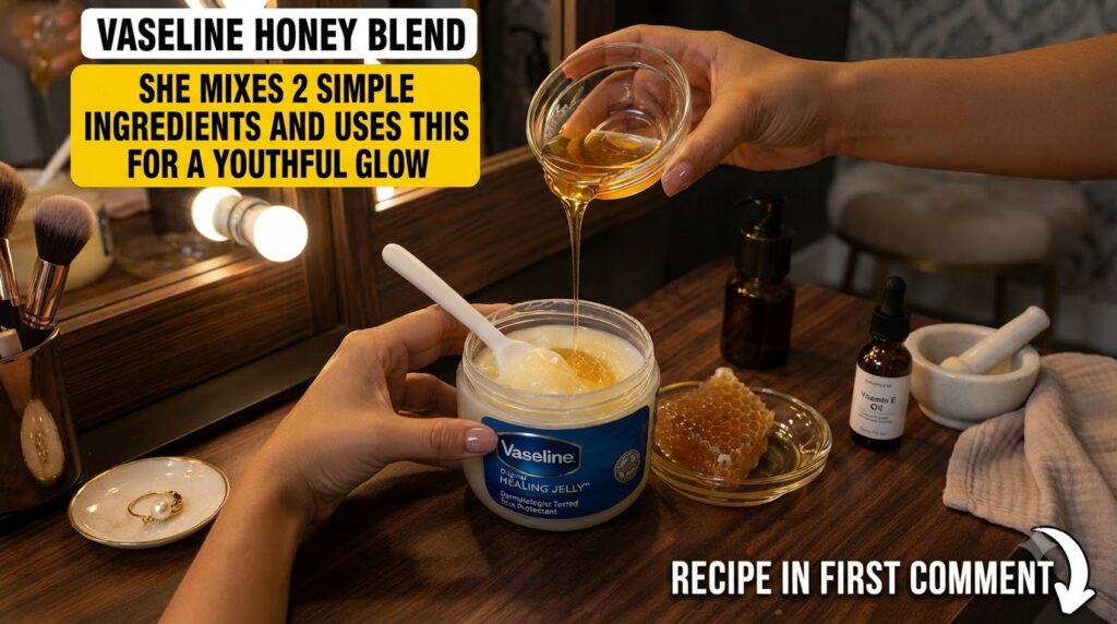Hands pouring golden honey into a jar of Vaseline with a spoon in the jar and a piece of honeycomb on the side Blurred w