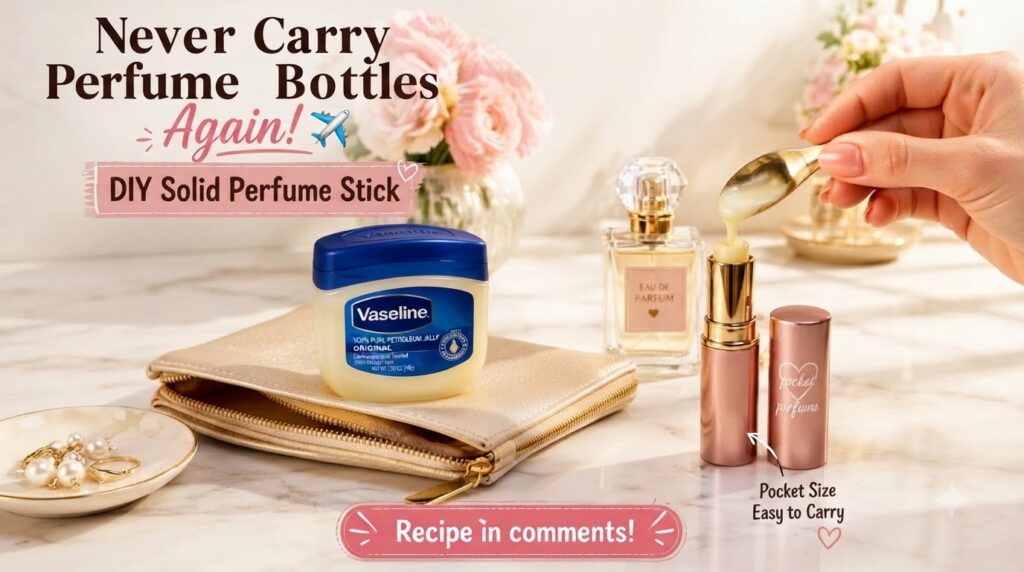 A hand pouring a viscous liquid from a golden spoon into a solid perfume stick with a jar of Vaseline and a conventional