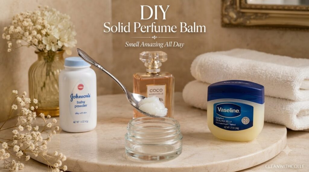 A flat lay composition of ingredients for DIY solid perfume balm including an open jar of Vaseline a spoon with Vaseline