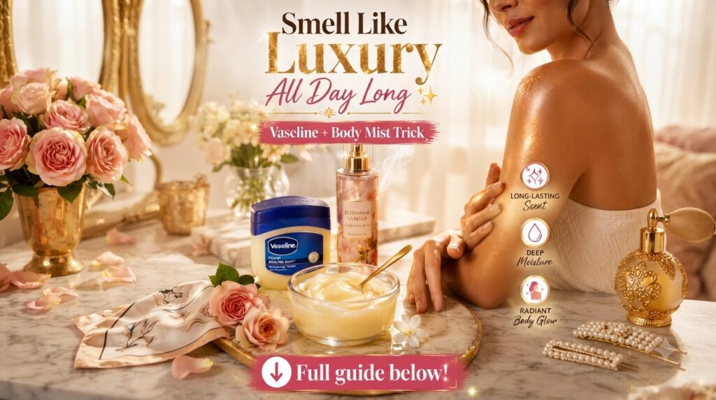 A woman s arm with glowing skin a jar of Vaseline a bottle of Blooming Vanilla fragrance mist and a bowl containing a mi