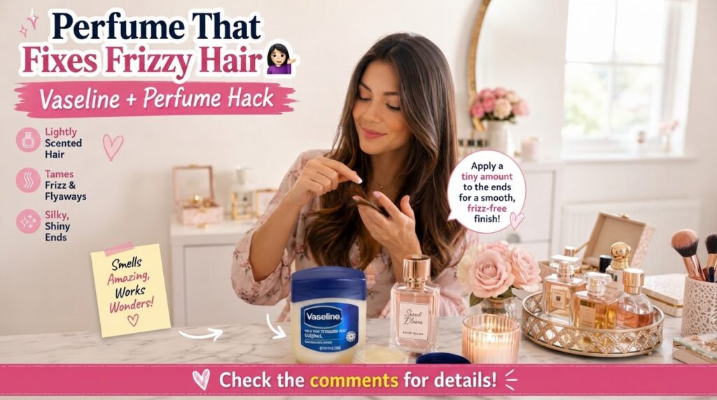 A woman gently touching the ends of her dark long hair showing a hair care hack On a table in the foreground are Vaselin