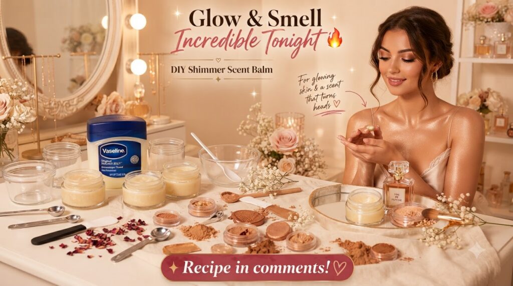 A woman applying a shimmering balm to her arm with beauty items like Vaseline a homemade balm jar perfume and loose shim