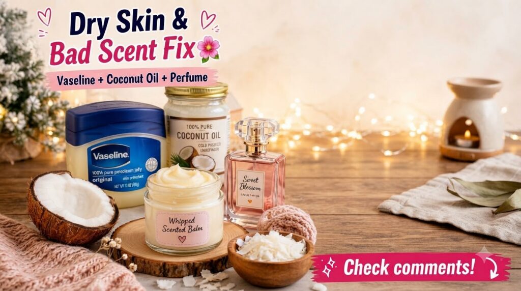 A beautiful display of ingredients for a whipped scented balm including a glass jar of the finished balm on a wooden coa