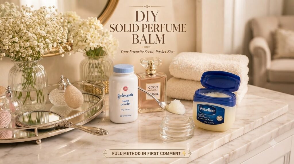 A flat lay arrangement of ingredients for DIY solid perfume balm including Vaseline a bottle of liquid perfume baby powd